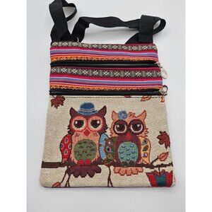 Embroided wise owl pair couple multicolor zipper pull adjustable purse bag